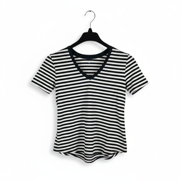 Universal Standard V Rex Striped V-Neck Tee Scarab/Bone 4XS Cotton Modal Stretch - Picture 1 of 12